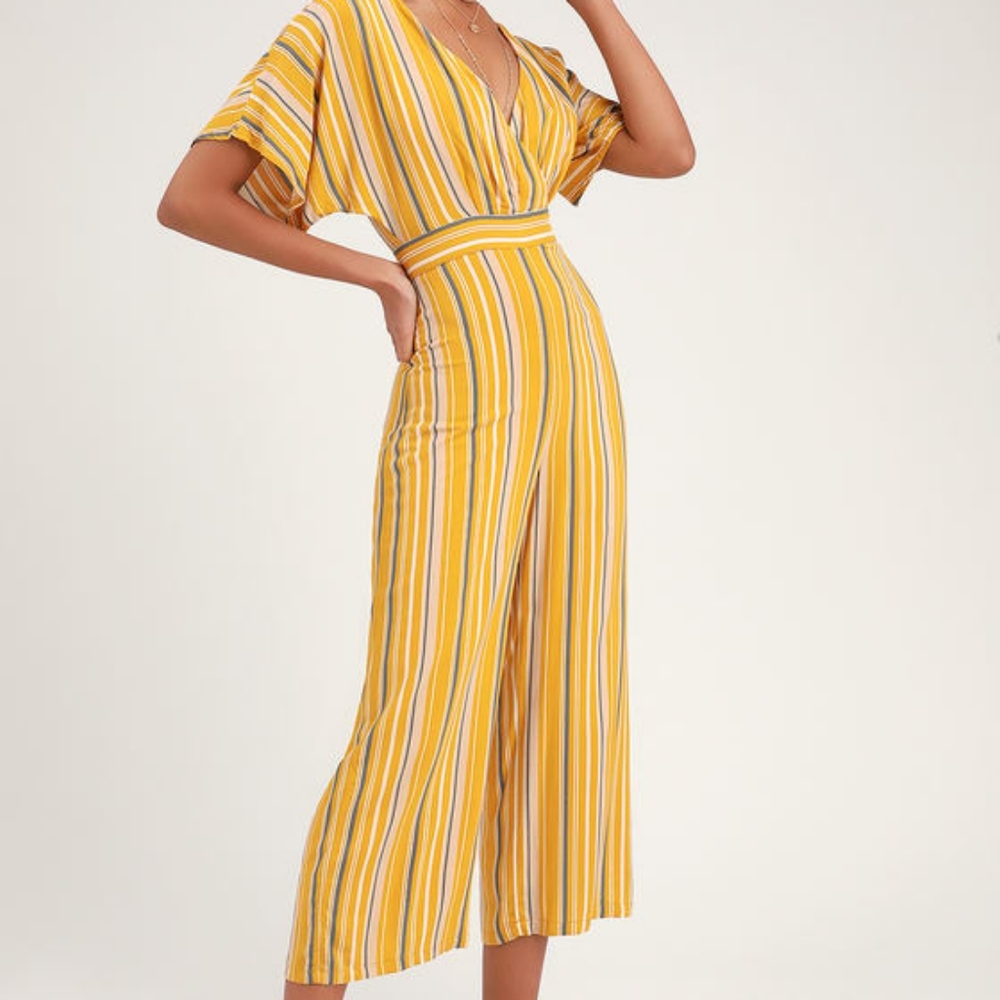 Lulus yellow striped cropped jumpsuit.